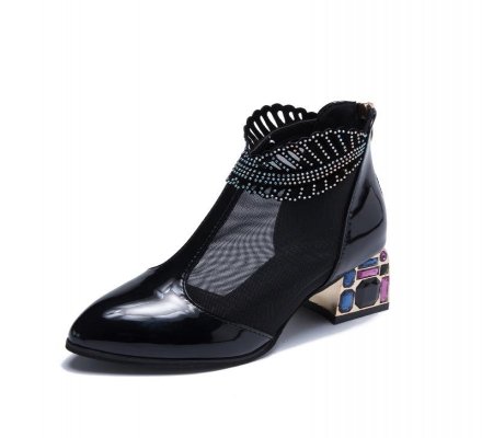 Casual sandals Thick heeled Patent Leather Mesh Boots Female Hollow Large Size Mesh Yarn with Rhinestone Sandals Baotou Sandals